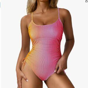 NWT Ruched Drawstring One Piece Swimsuit Tummy Control, Large - pink orange